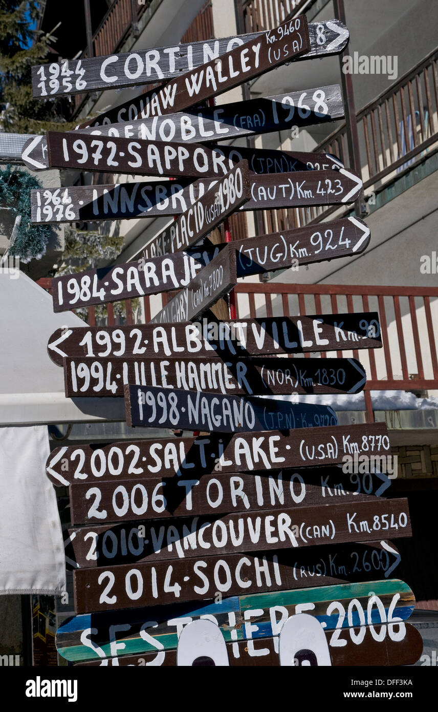 winter olympics sign of previous host nations, sestriere, italy Stock Photo