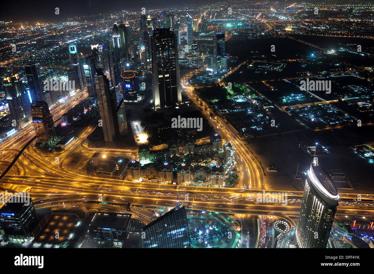 Aerial View of down town Dubai at night. Financial Centre Road running left to right Stock Photo