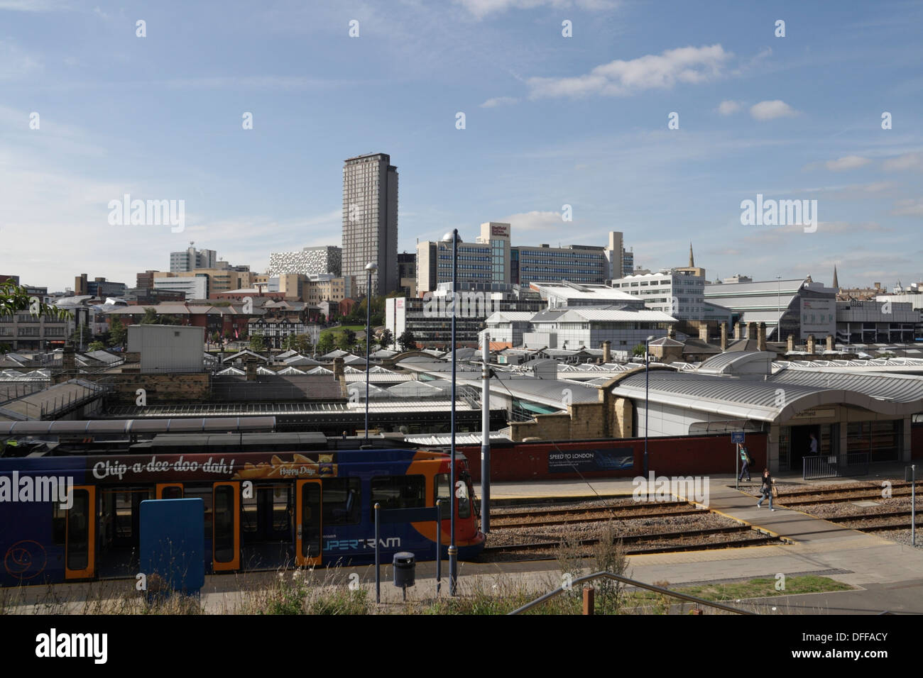 Sheffield City centre skyline with Super Tram and Station, urban inner sity cityscape Stock Photo