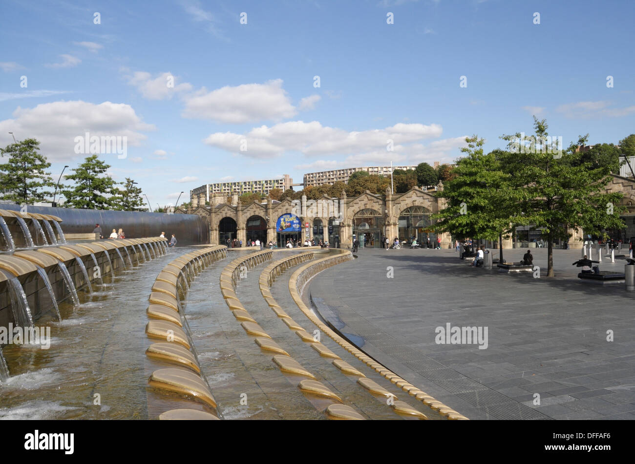 Sheaf Square in Sheffield England, and the railway station entrance, water feature Stock Photo