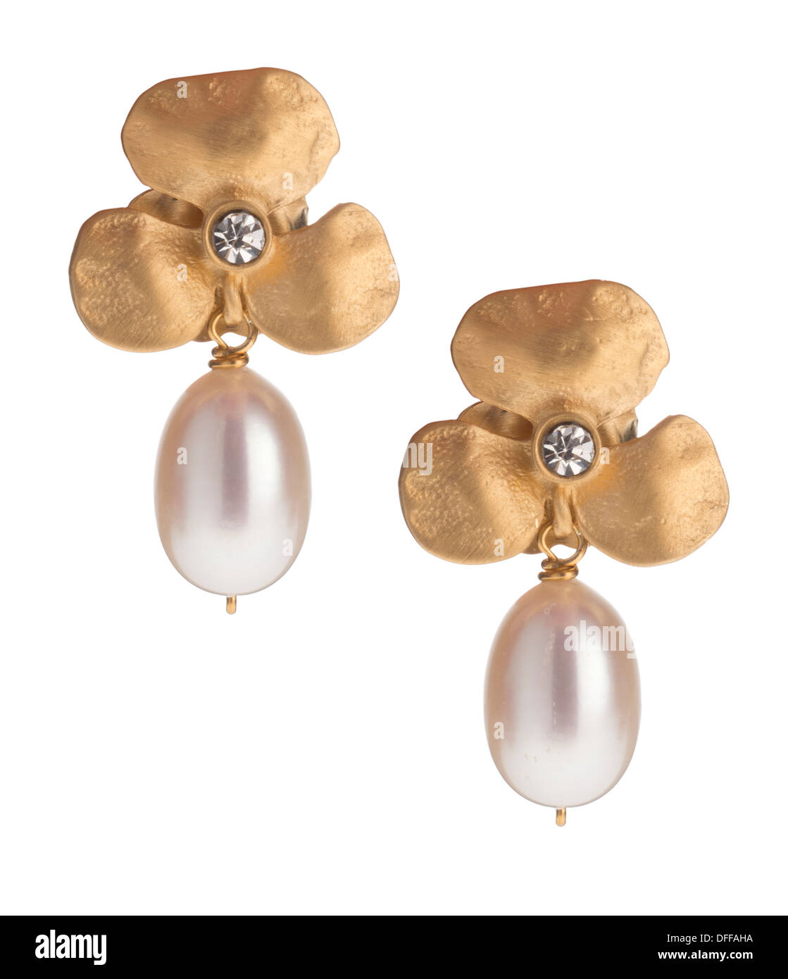 Earrings of gold, pearl and diamonds Stock Photo