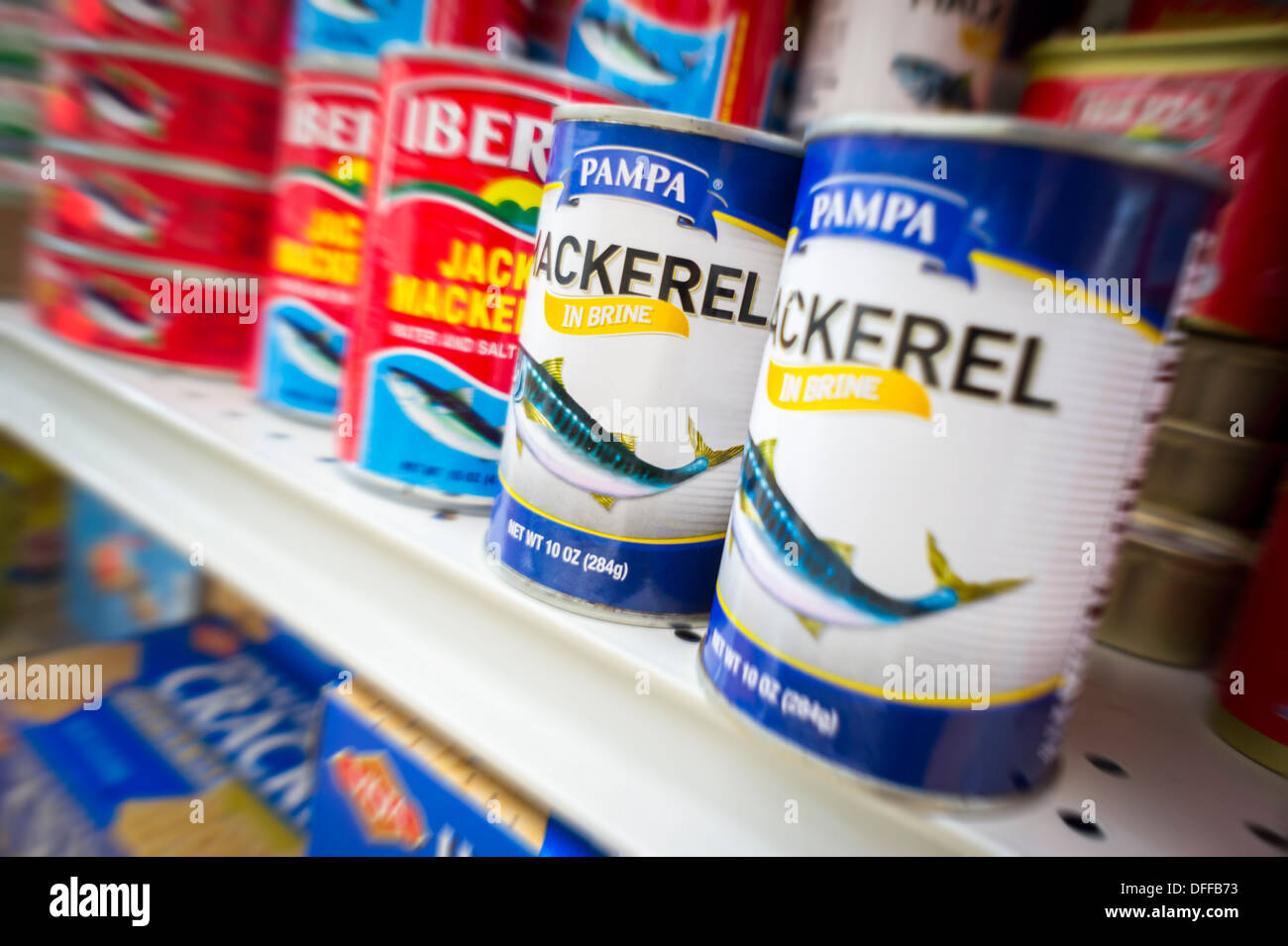 Cans of mackerel in a supermarket in New York on Thursday,October 3, 2013. (© Richard B. Levine) Stock Photo