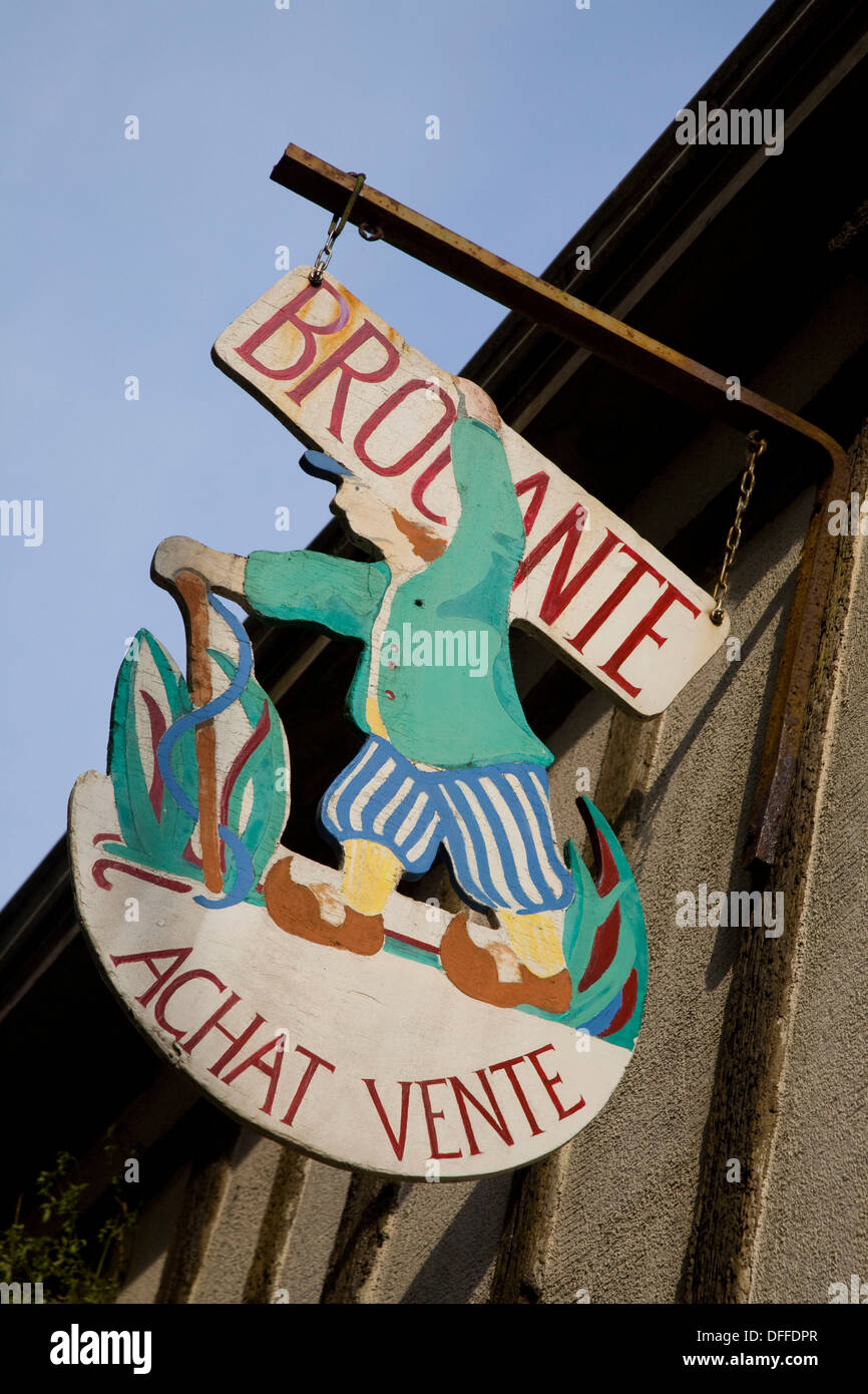 Antiques shop sign in Quimper. Finistere. Brittany. France Stock Photo