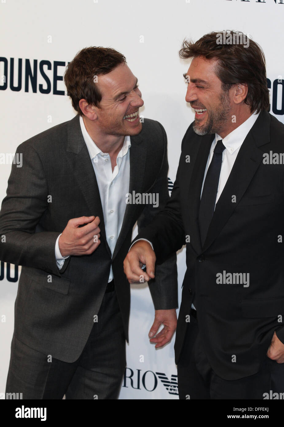 London, UK, 3rd October 2013. Javier Bardem ( R )  and Michael Fassbender attend a special screening of 'The Counselor' at the O Stock Photo