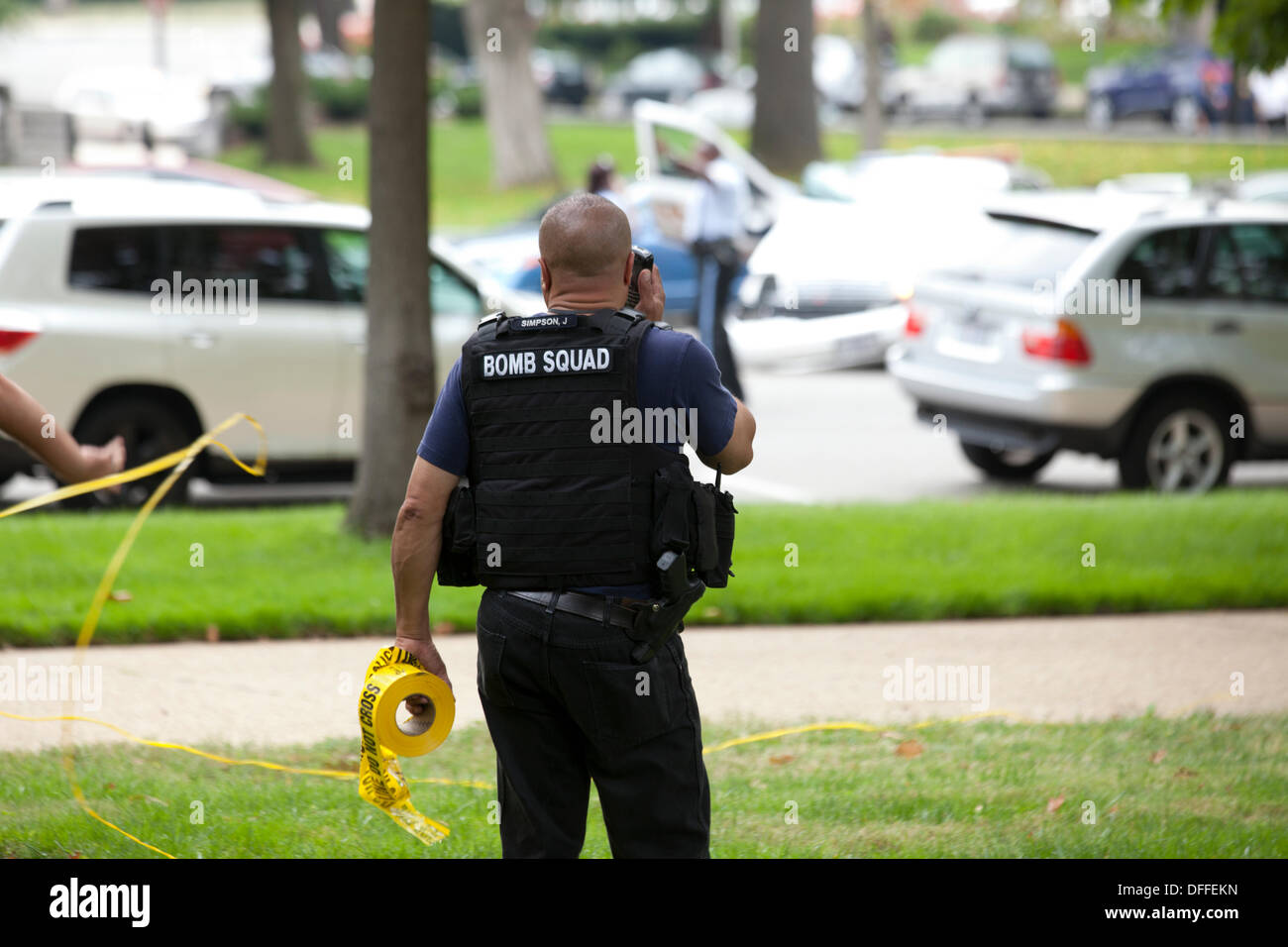 Bomb squad technician at crime scene - Washington, DC USA Stock Photo