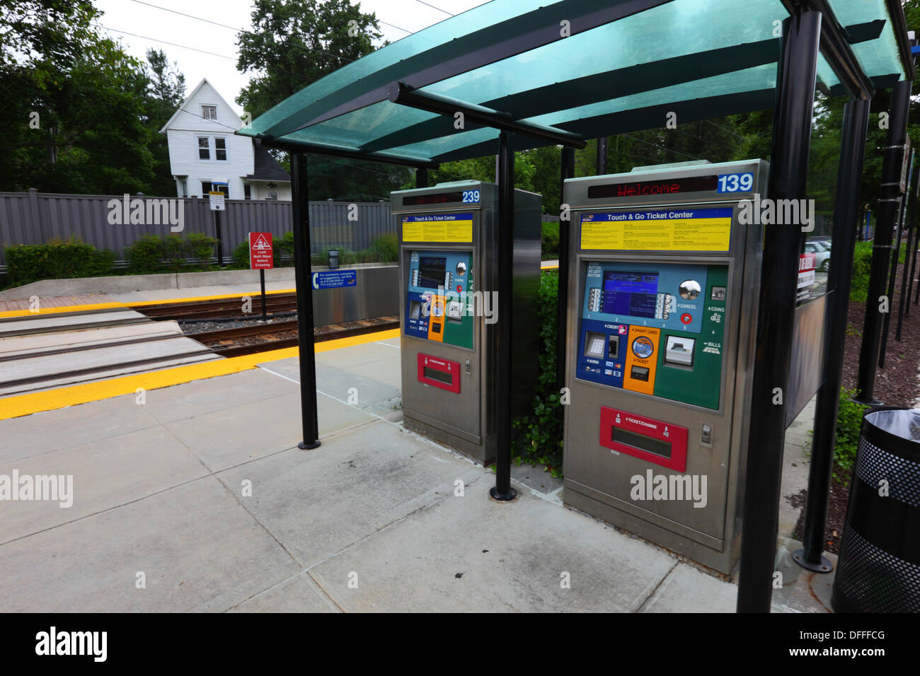 Automated ticket vending machines next to platform, Falls Road Light Rail Stop, Baltimore County, Maryland, USA Stock Photo