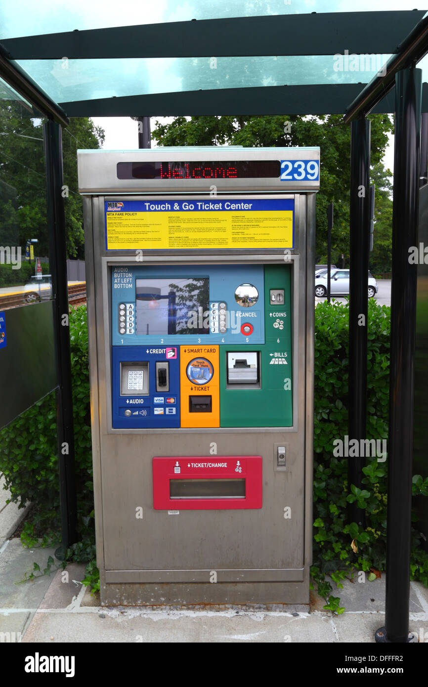 Automated ticket vending machine next to platform, Falls Road Light Rail Stop, Baltimore County, Maryland, USA Stock Photo