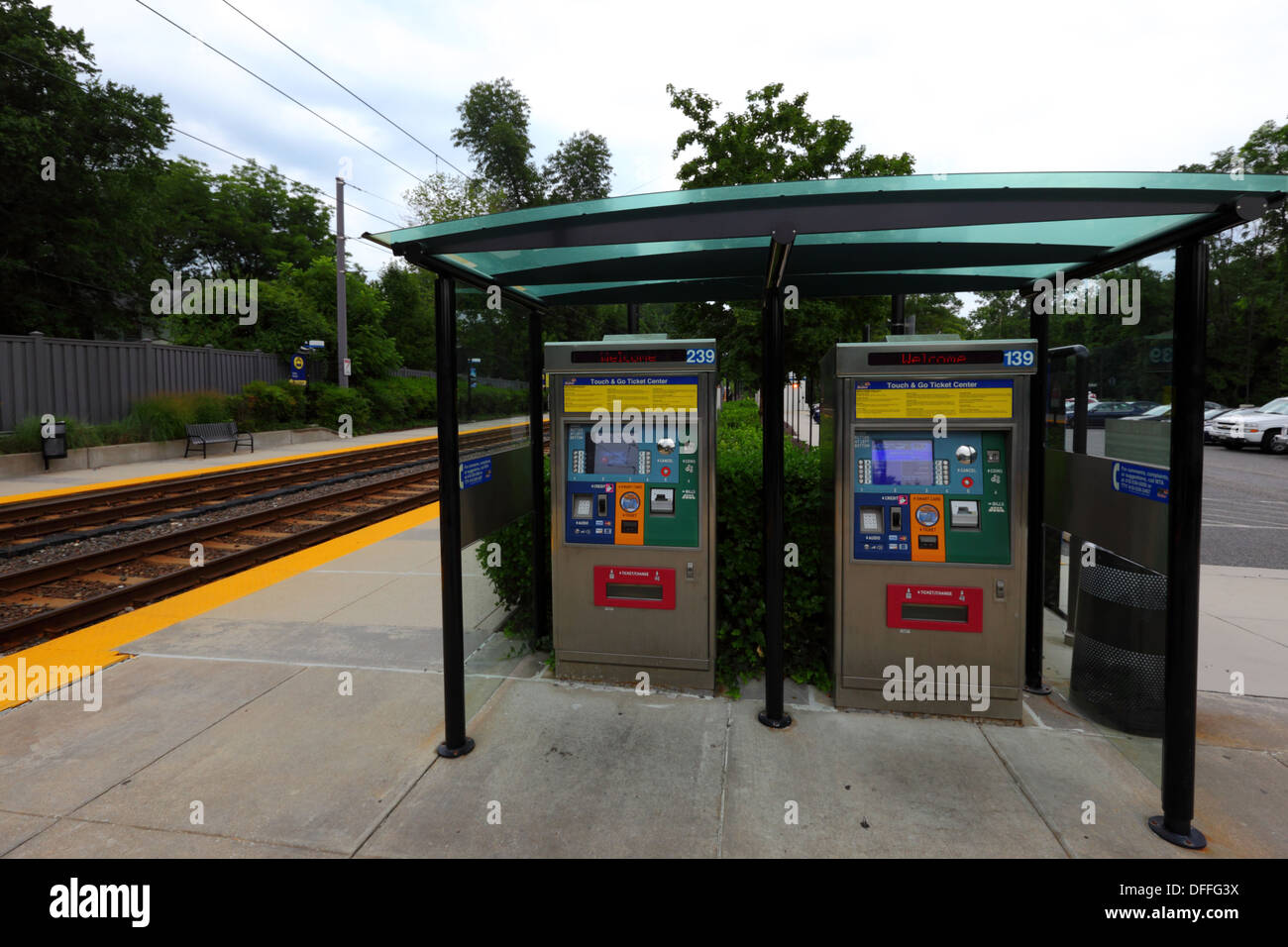 Automated ticket vending machines next to platform, Falls Road Light Rail Stop, Baltimore County, Maryland, USA Stock Photo