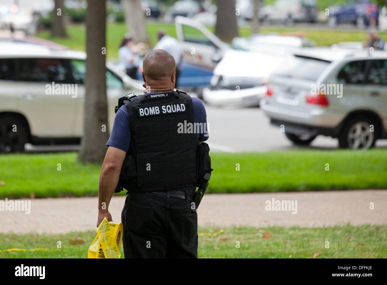 Bomb squad technician at crime scene - Washington, DC USA Stock Photo