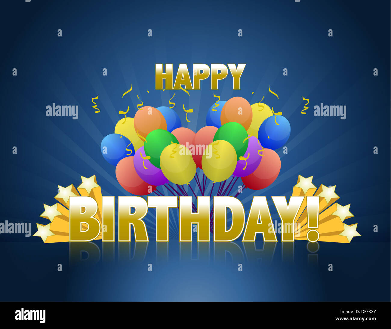 Happy birthday balloons logo sign with golden stars ans rays of light ...