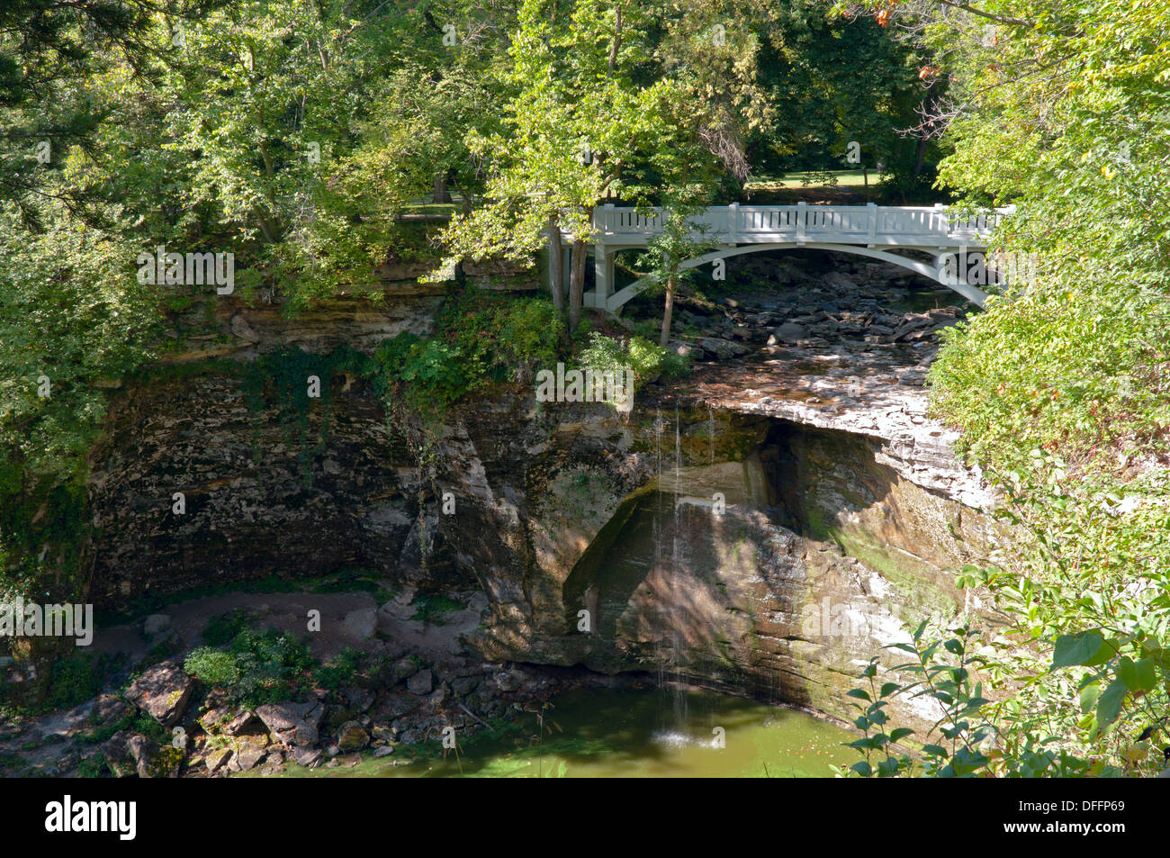 Minneopa State Park forest and bridge overlooking gorge of Minneopa ...