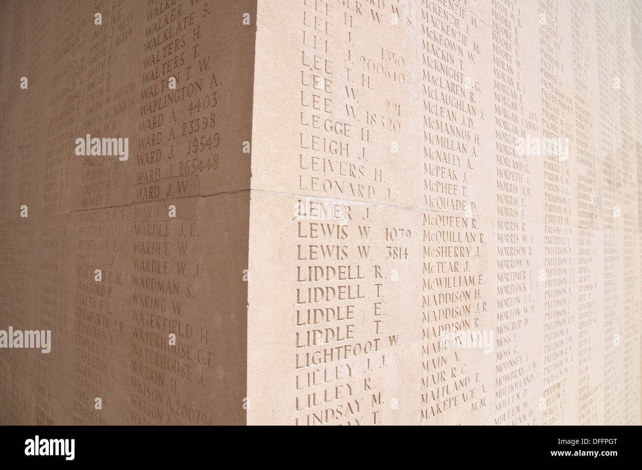 Names inscribed on the Thiepval Memorial to the Missing of the Somme near the village of Thiepval, Picardie in France. Stock Photo