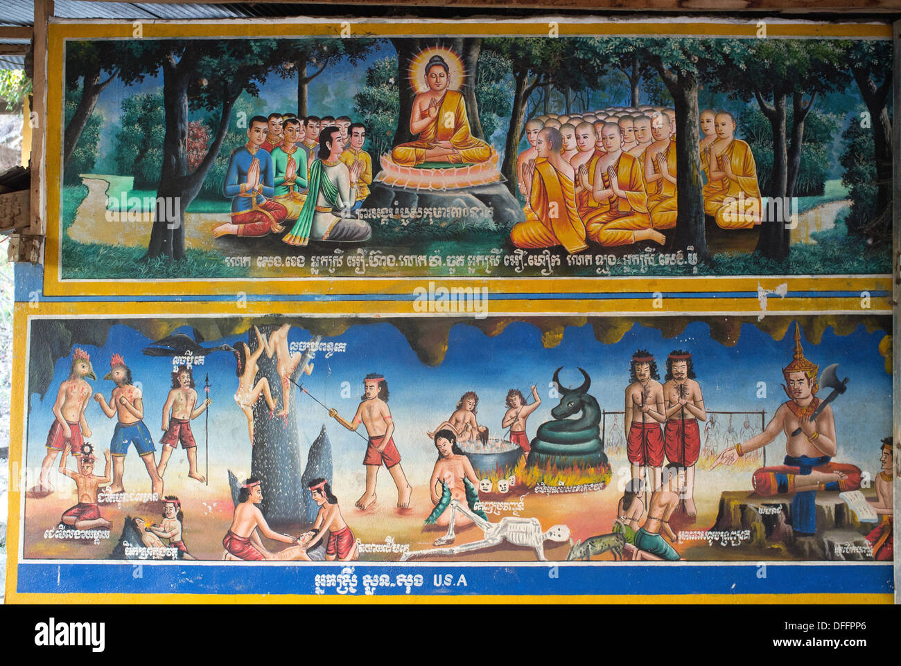 Wall paintings at a temple in Cambodia, depicting Buddhist Hell (below) and the Buddha preaching to his disciples (above). Stock Photo