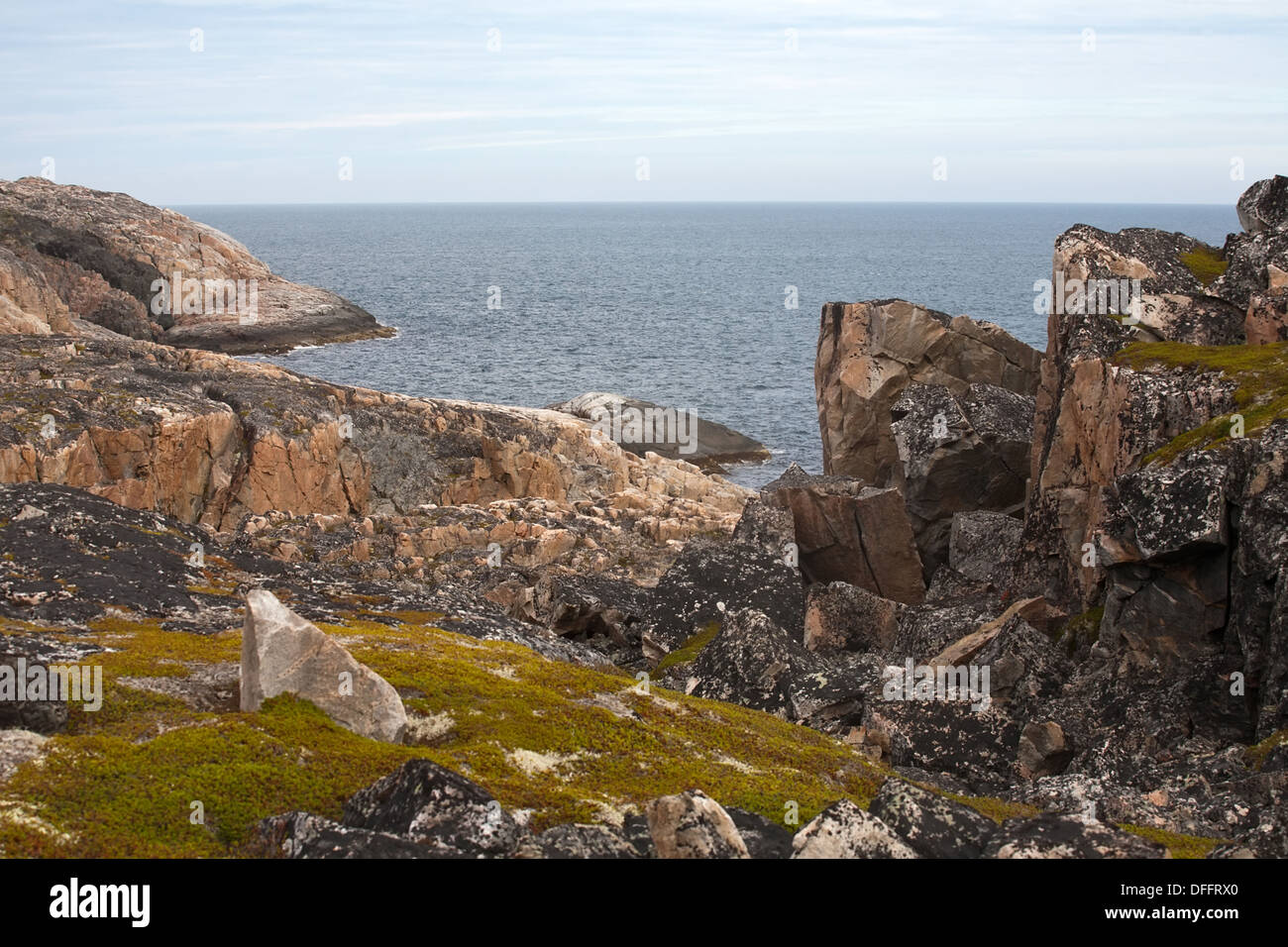 summer view on rocky sea shore of Barents Sea Stock Photo