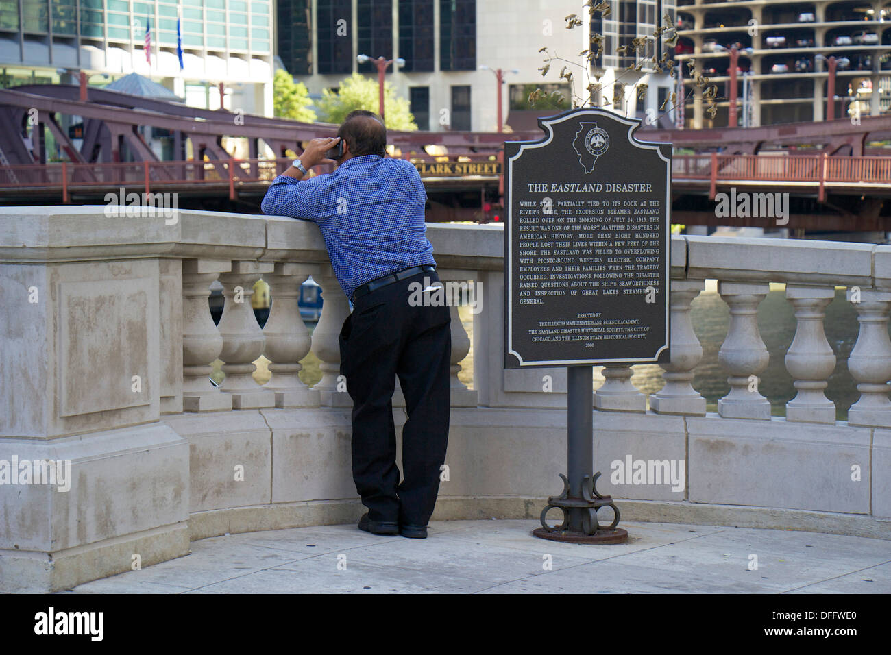 Man talking on mobile phone at the site of the Eastland Disaster. Chicago, Illinois Stock Photo