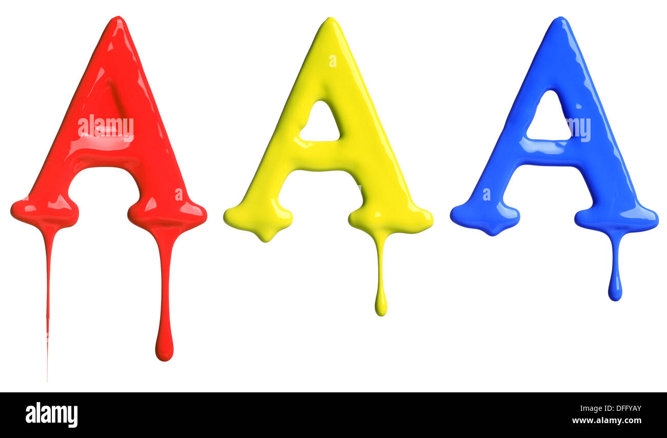 Paint dripping alphabet with 3 different variations in red, yellow, and blue Stock Photo