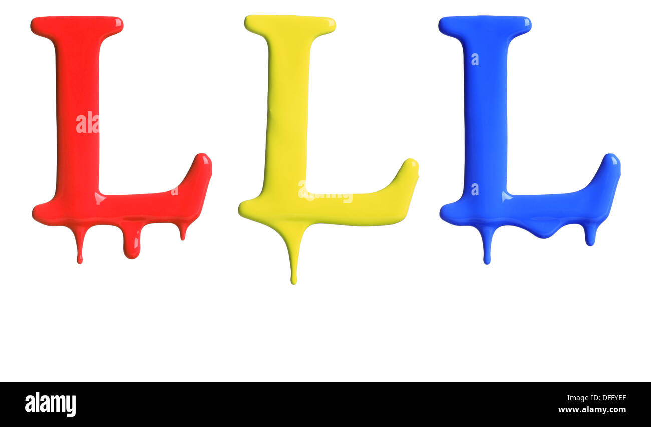 Paint dripping alphabet with 3 different variations in red, yellow, and blue Stock Photo