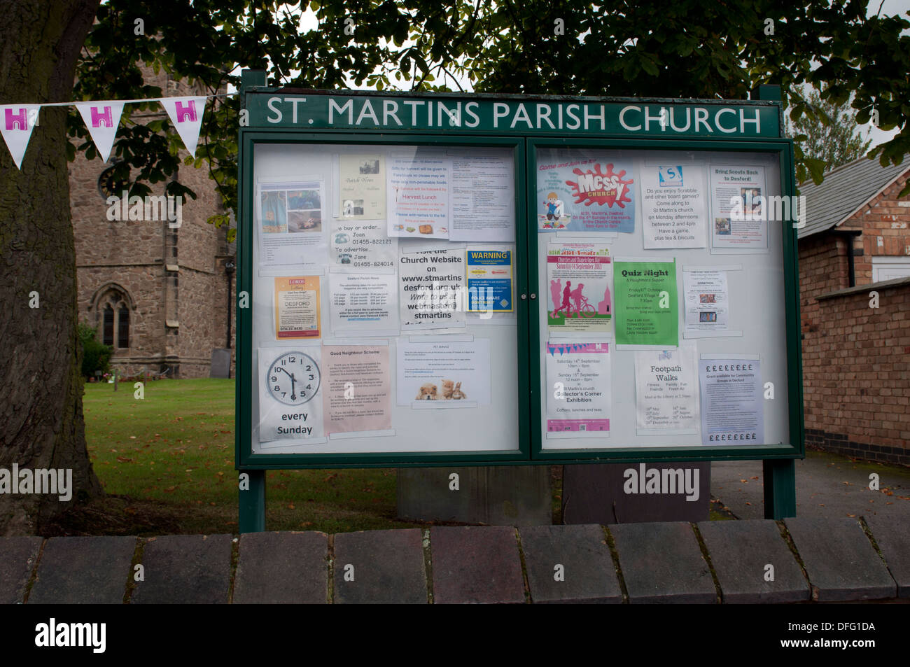 St. Martin`s Church notice board, Desford, Leicestershire, England ...