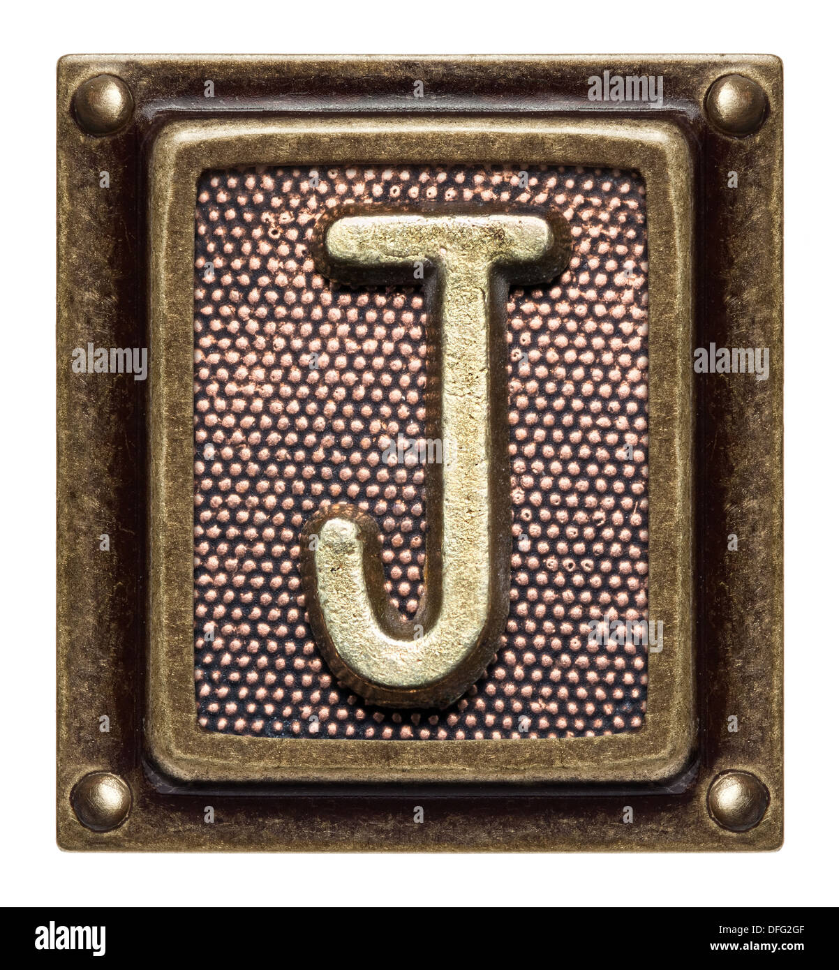 Metal button alphabet letter J Stock Photo
