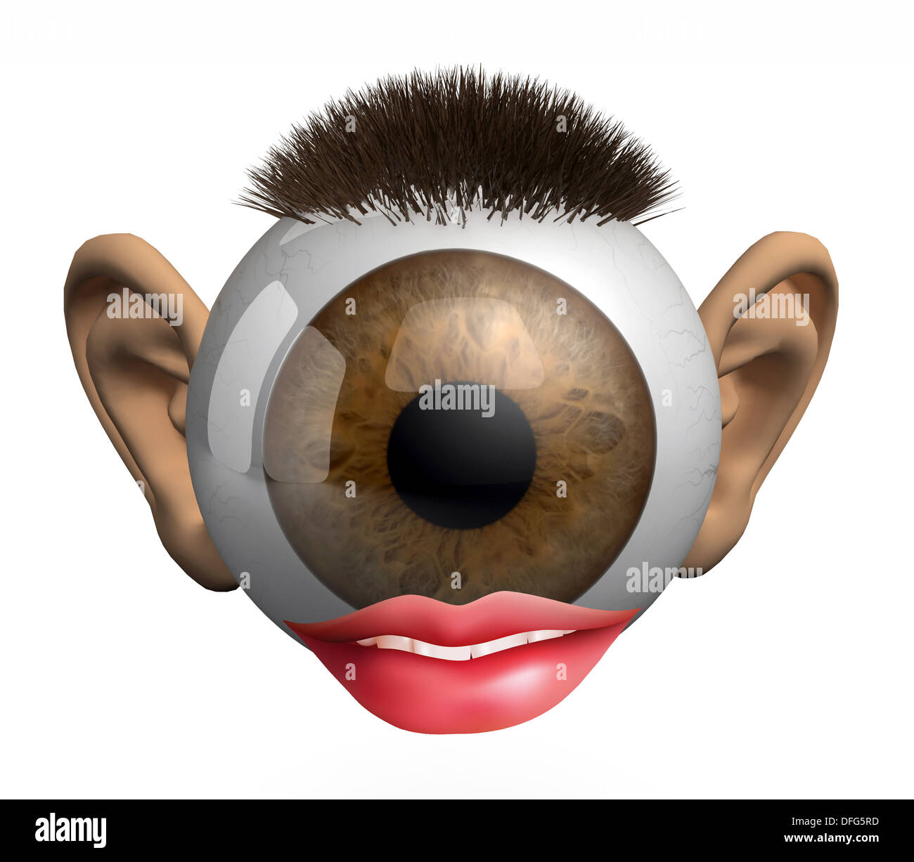 eyeball with ears, lips and hair, concept of the senses, 3d