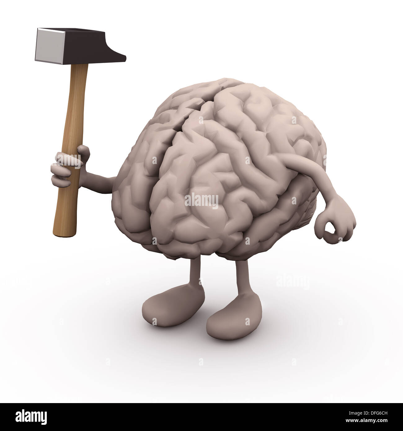 human brain with arms and legs and hammer on hand, 3d illustration Stock Photo
