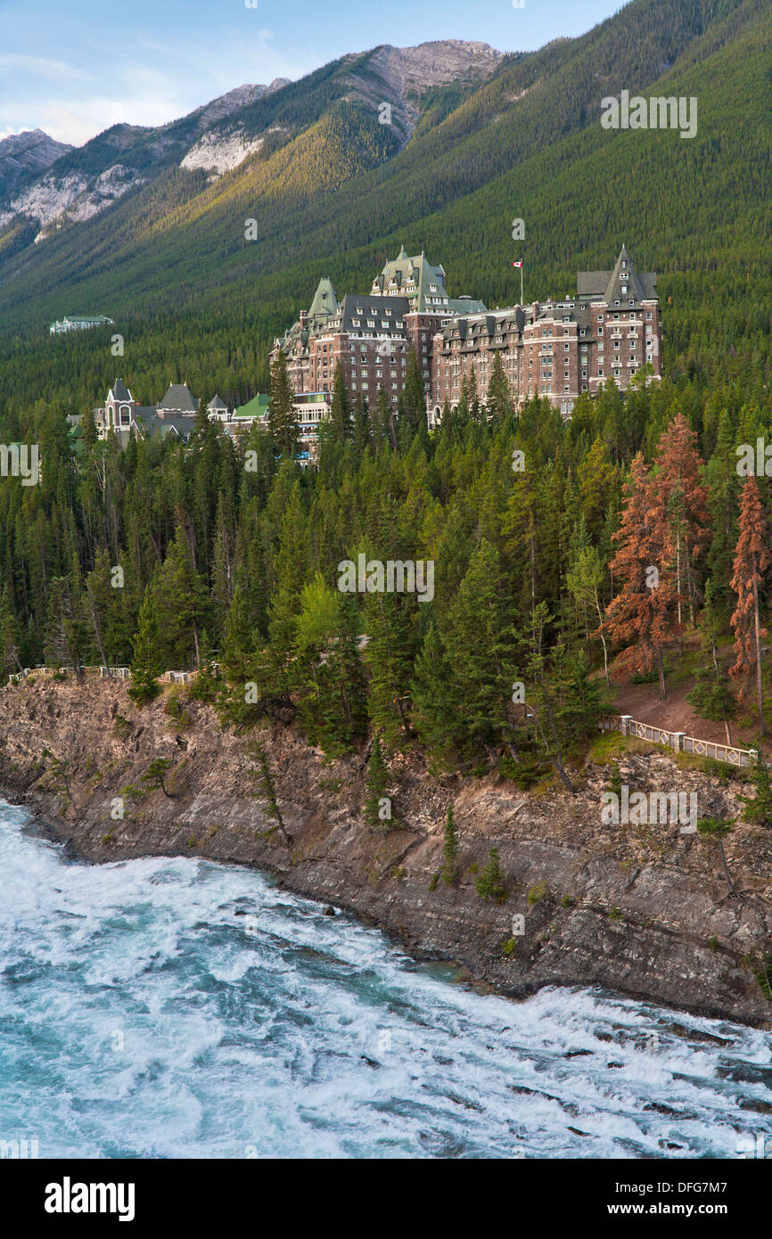 The imposing Banff Springs Hotel with Bow River, Banff National Park, Alberta, Canada Stock Photo