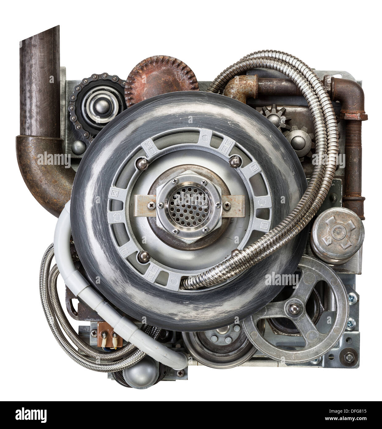 Stylized metal collage of engine. Stock Photo