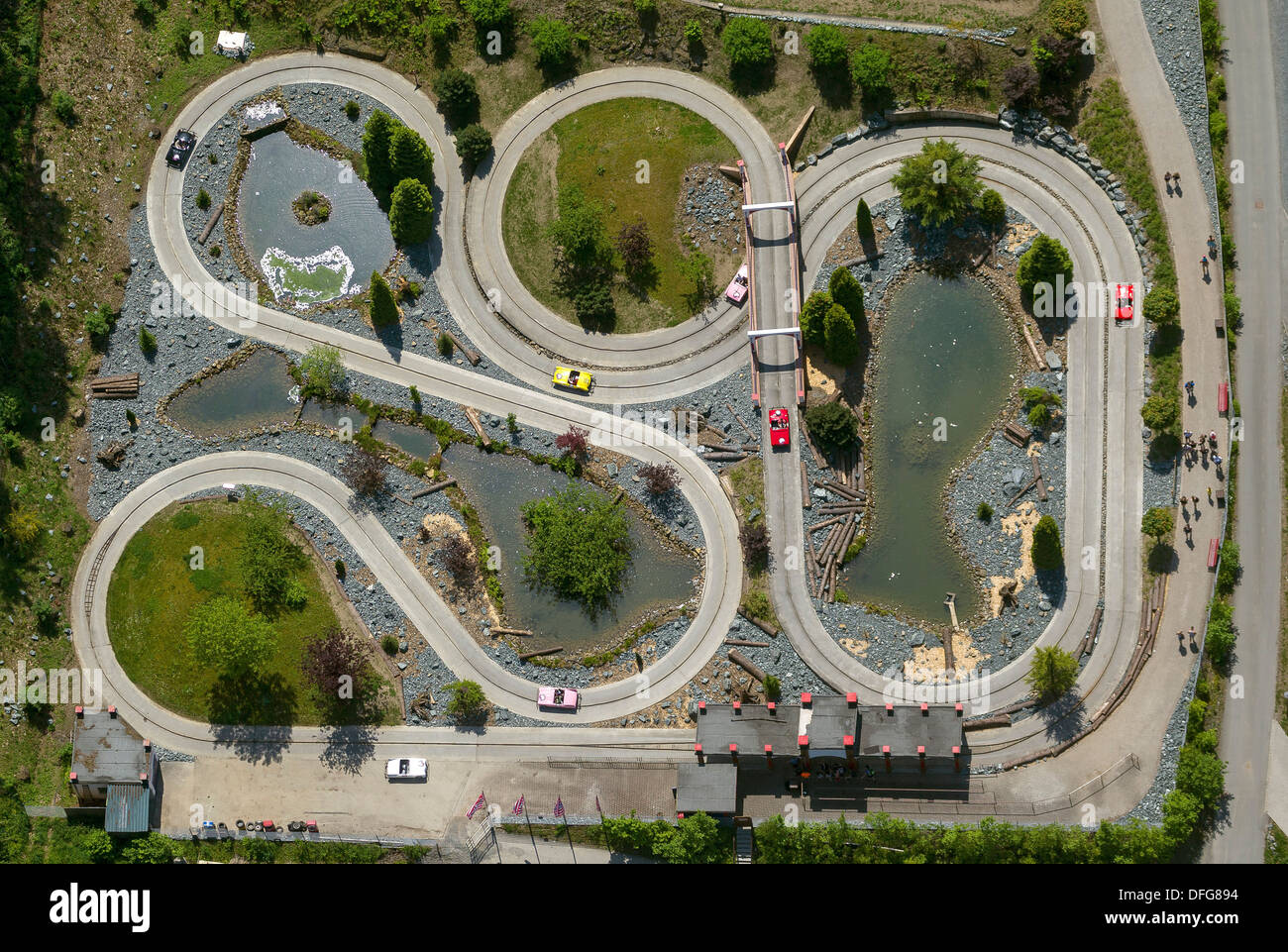 Aerial view, go-kart track in the amusement park of Fort Fun Adventure Land, Bestwig, North Rhine-Westphalia, Germany Stock Photo