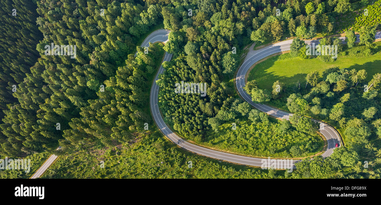 Aerial view, sharp curves on the road L870, Hoppecke, Brilon, North Rhine-Westphalia, Germany Stock Photo