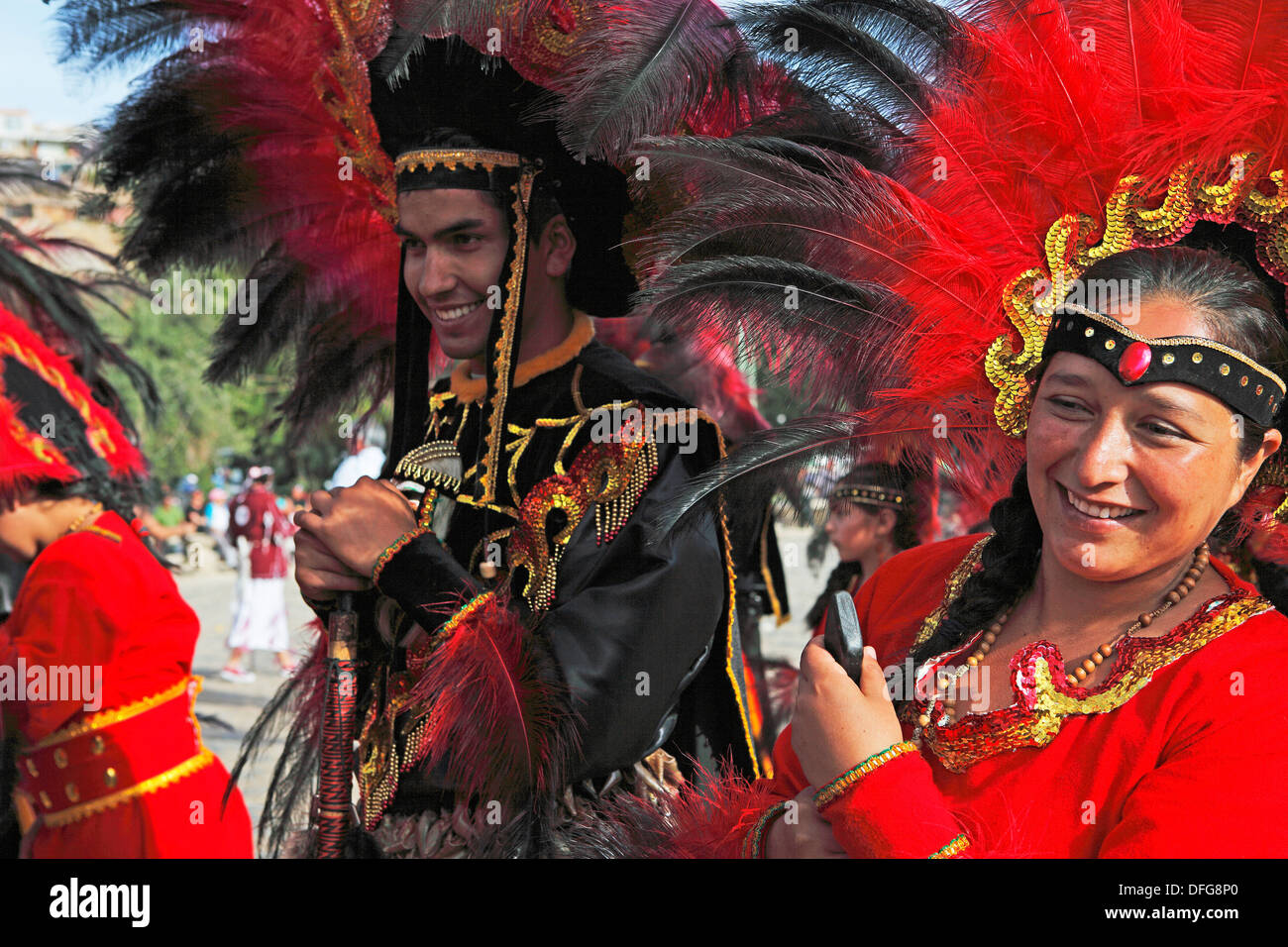 Man and woman wearing festive traditional Indio costumes, Andacollo, Coquimbo Region, Chile Stock Photo