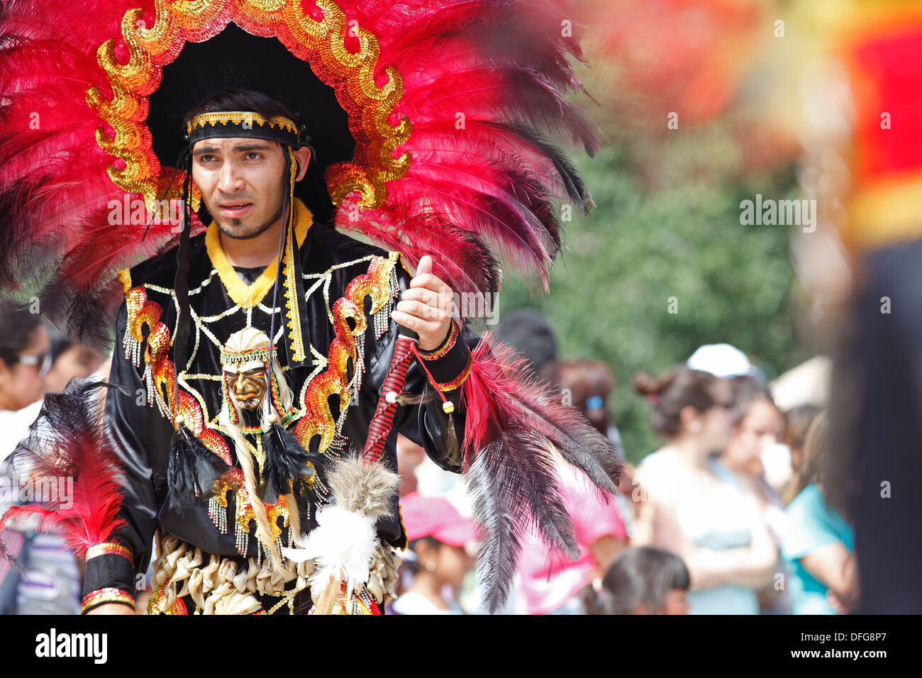 Man wearing a festive traditional Indio costume, Andacollo, Coquimbo Region, Chile Stock Photo
