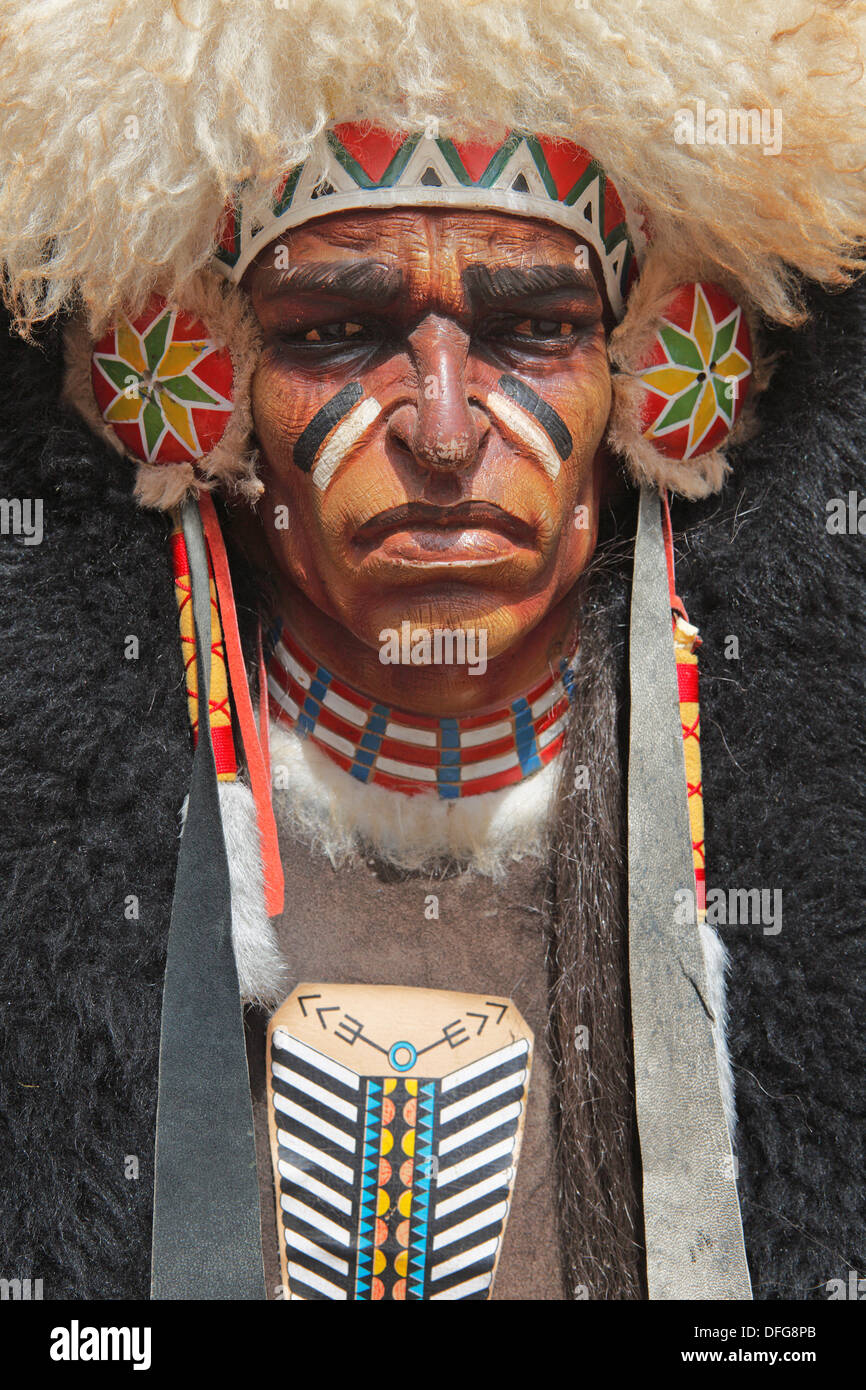 American Indian head on the sign of a dance group, Andacollo, Coquimbo Region, Chile Stock Photo