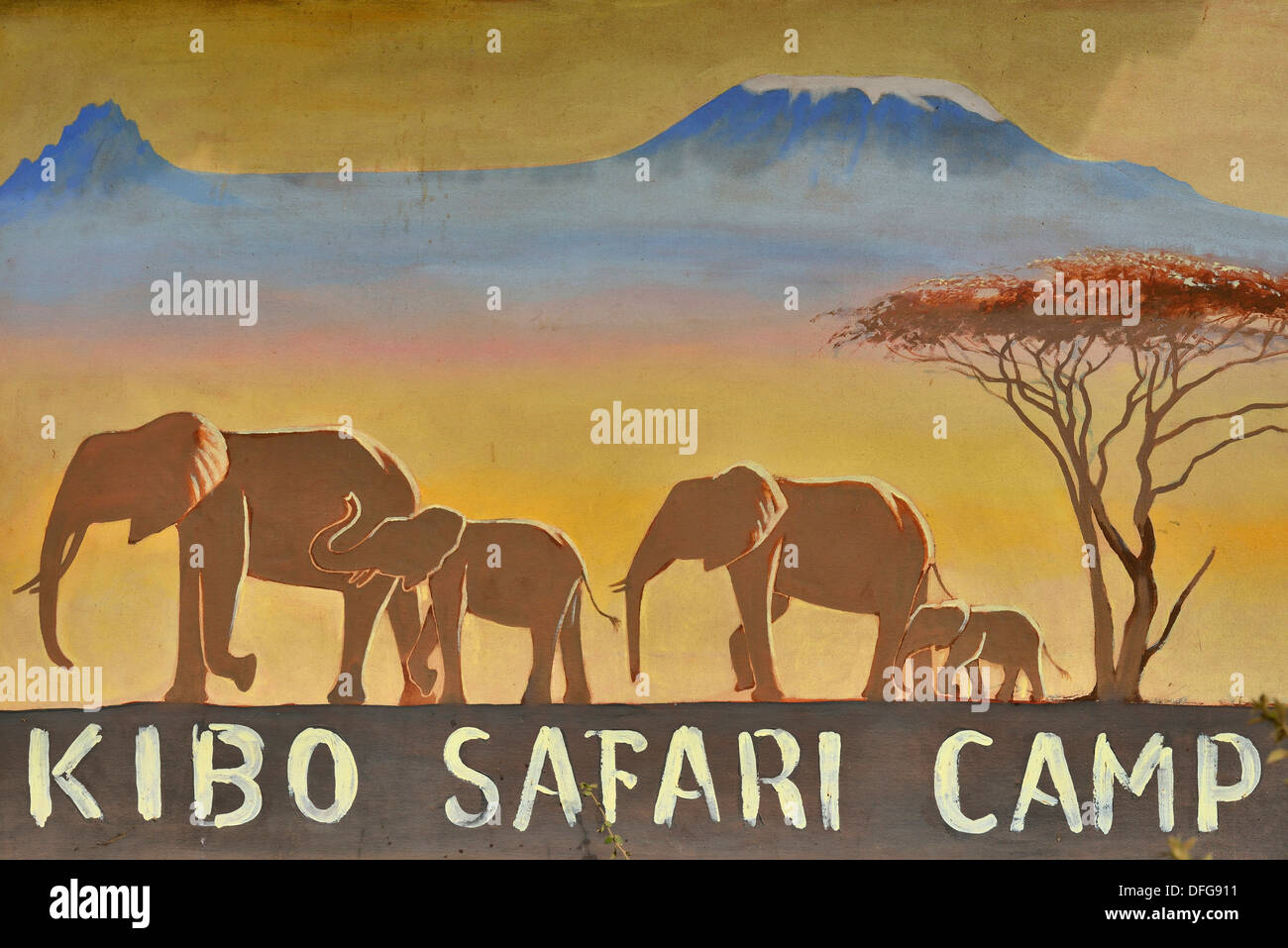 Sign, Kibo Safari Camp, Amboseli National Park, Rift Valley Province, Kenya Stock Photo