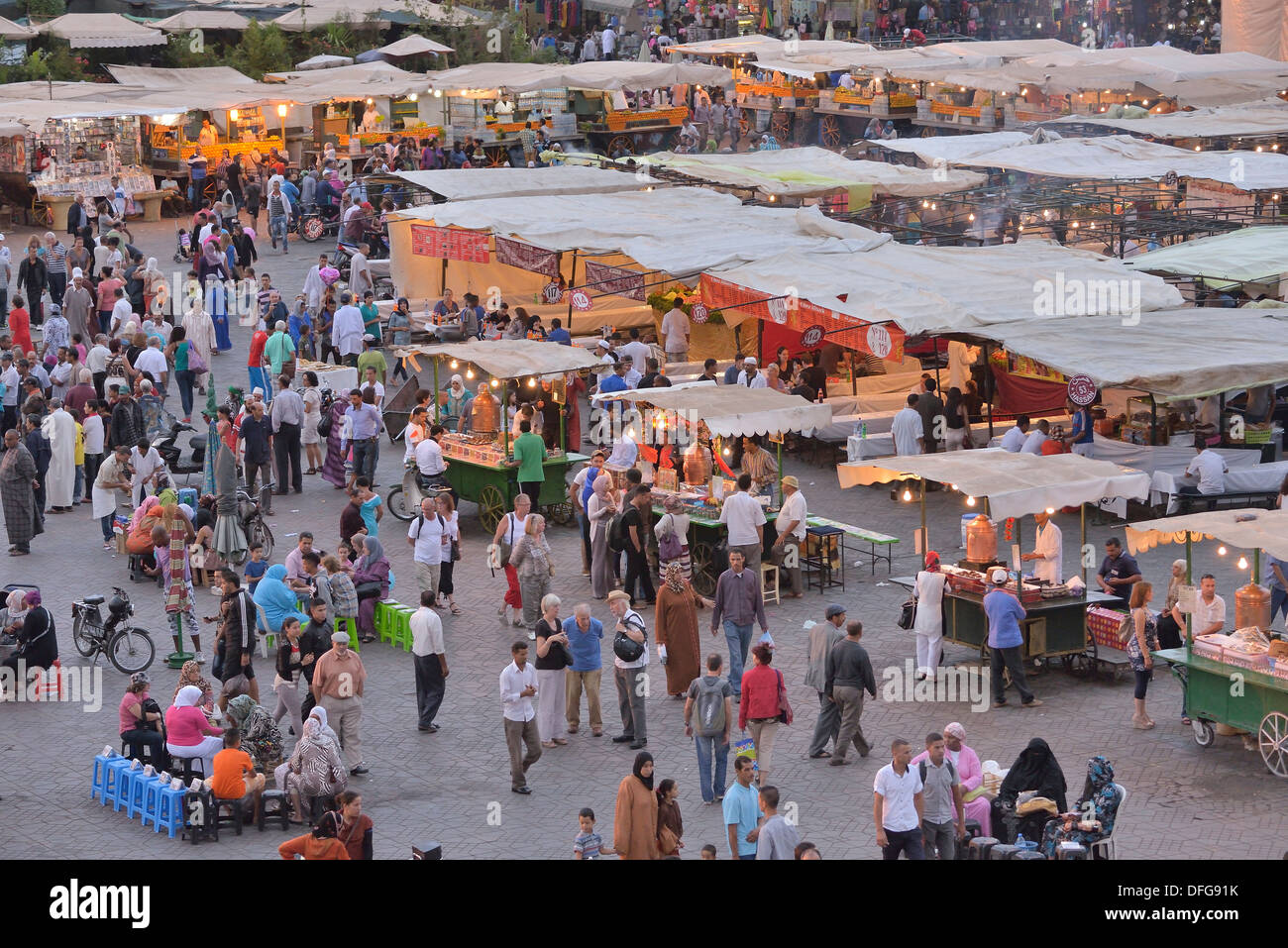 Food stalls at Djemaa el Fna market square, Marrakesh, Marrakesh-Tensift-El Haouz region, Morocco Stock Photo