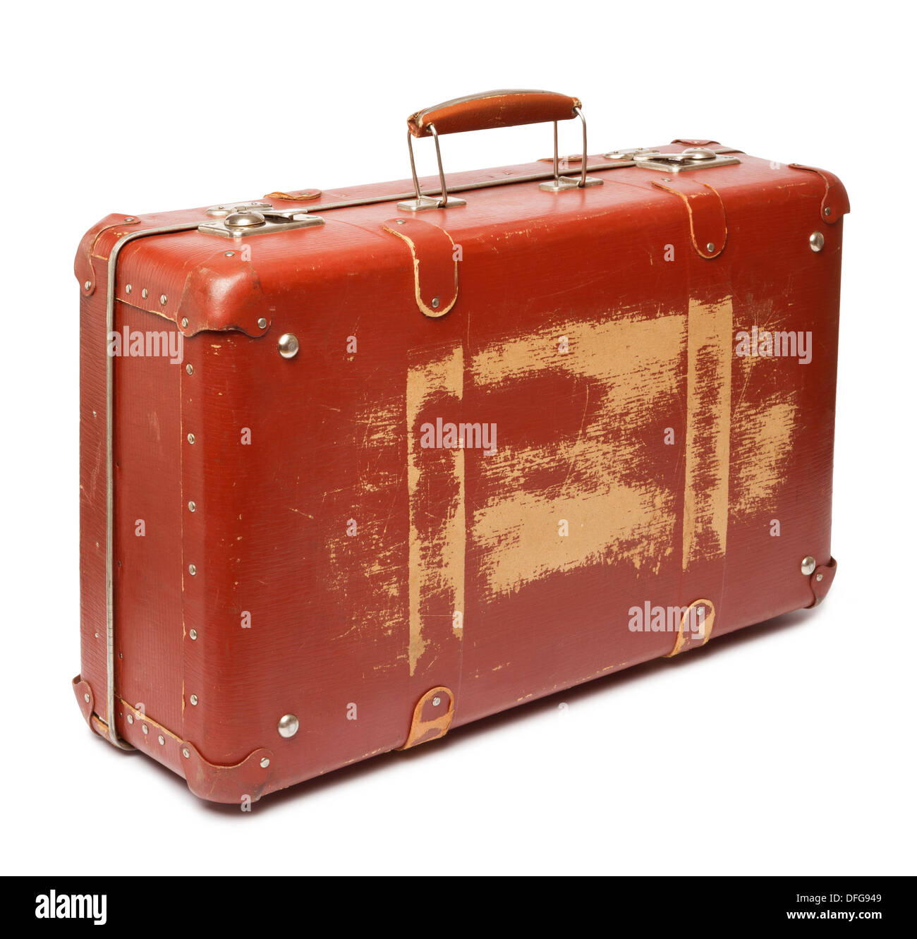 Vintage red suitcase on white background Stock Photo - Alamy