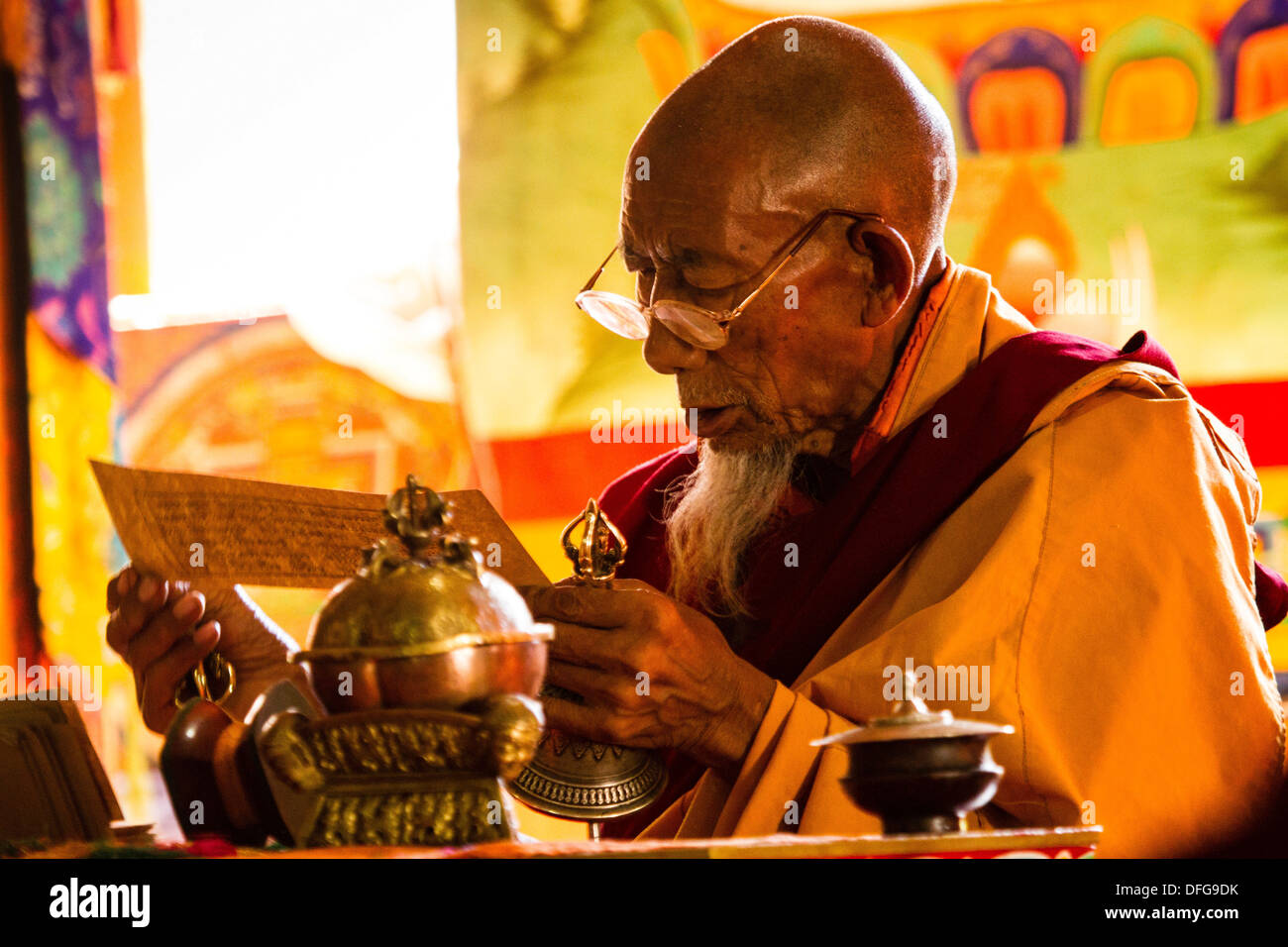 Monk at a religious festival, Likir Monastery or Likir Gompa, Likir, Ladakh, Jammu and Kashmir, India Stock Photo