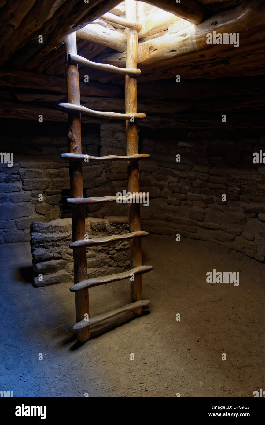 Ladder in a room of the Anasazi cliff dwelling Spruce Tree House, Echo House, Mesa Verde National Park, Colorado, United States Stock Photo