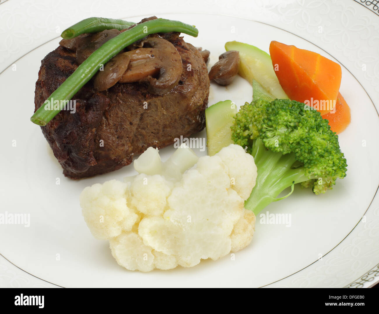 Beef tournedos (tenderloin fillet steak) served with mushrooms, steamed