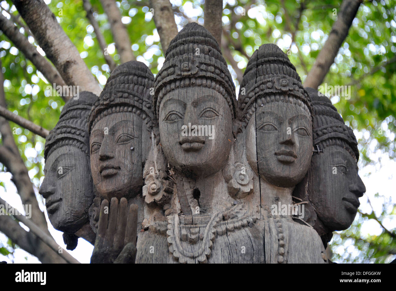 Wooden statue of many headed hindu god Shiva at the Ancient Siam attraction near Bangkok in Thailand. Stock Photo