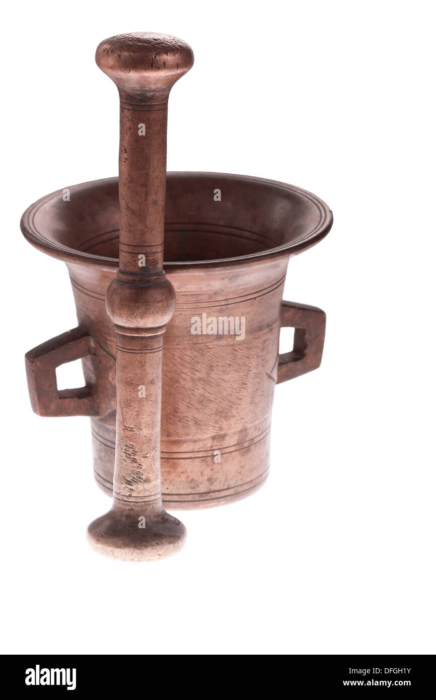 Bronze ancient mortar and pestle - isolated on white background Stock