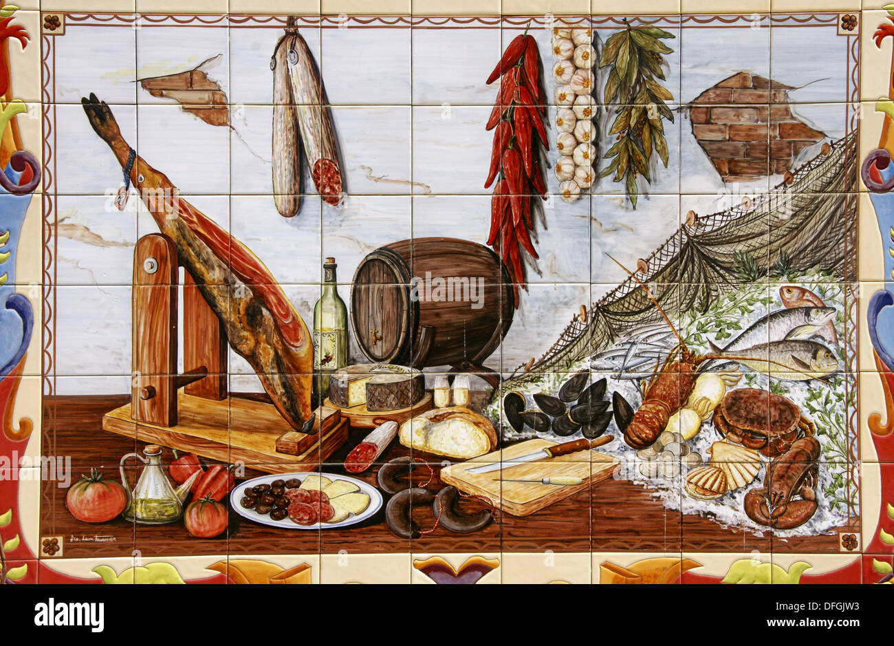 Painting on ceramic tiles of Andalusian food. Malaga, Andalusia ... Painting on ceramic tiles of Andalusian food. Malaga, Andalusia ...
