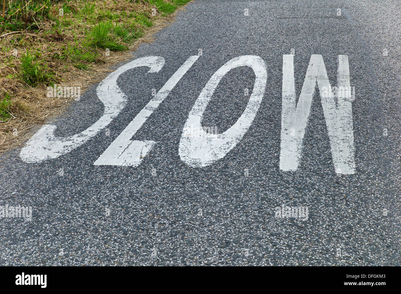 Slow sign on bend in road, Cornwall UK Credit: David Levenson Stock Photo