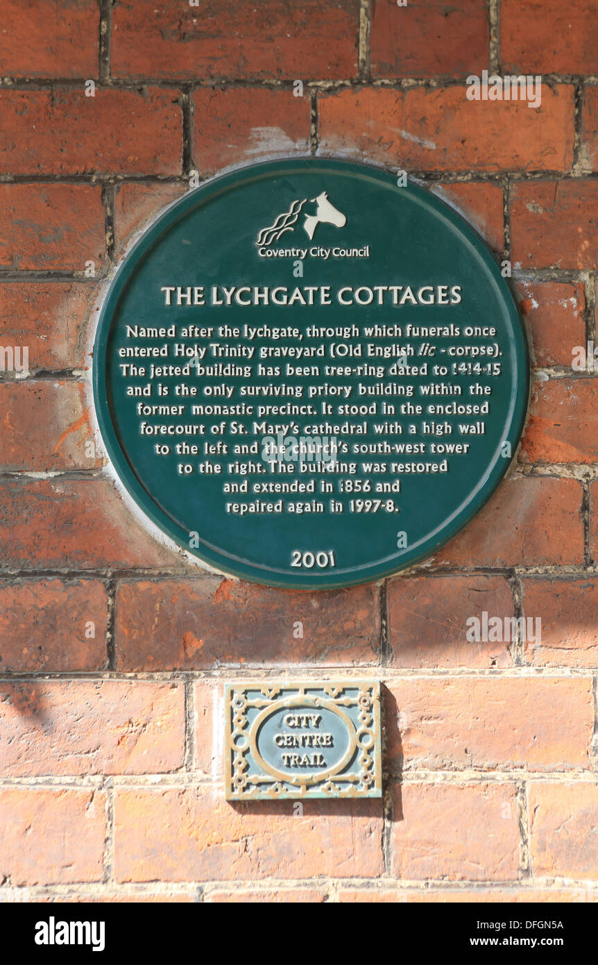 Sign on the historical Lychgate Cottages on the City Centre Trail on Priory Row, in Coventry, Warwickshire, West Midlands, UK Stock Photo