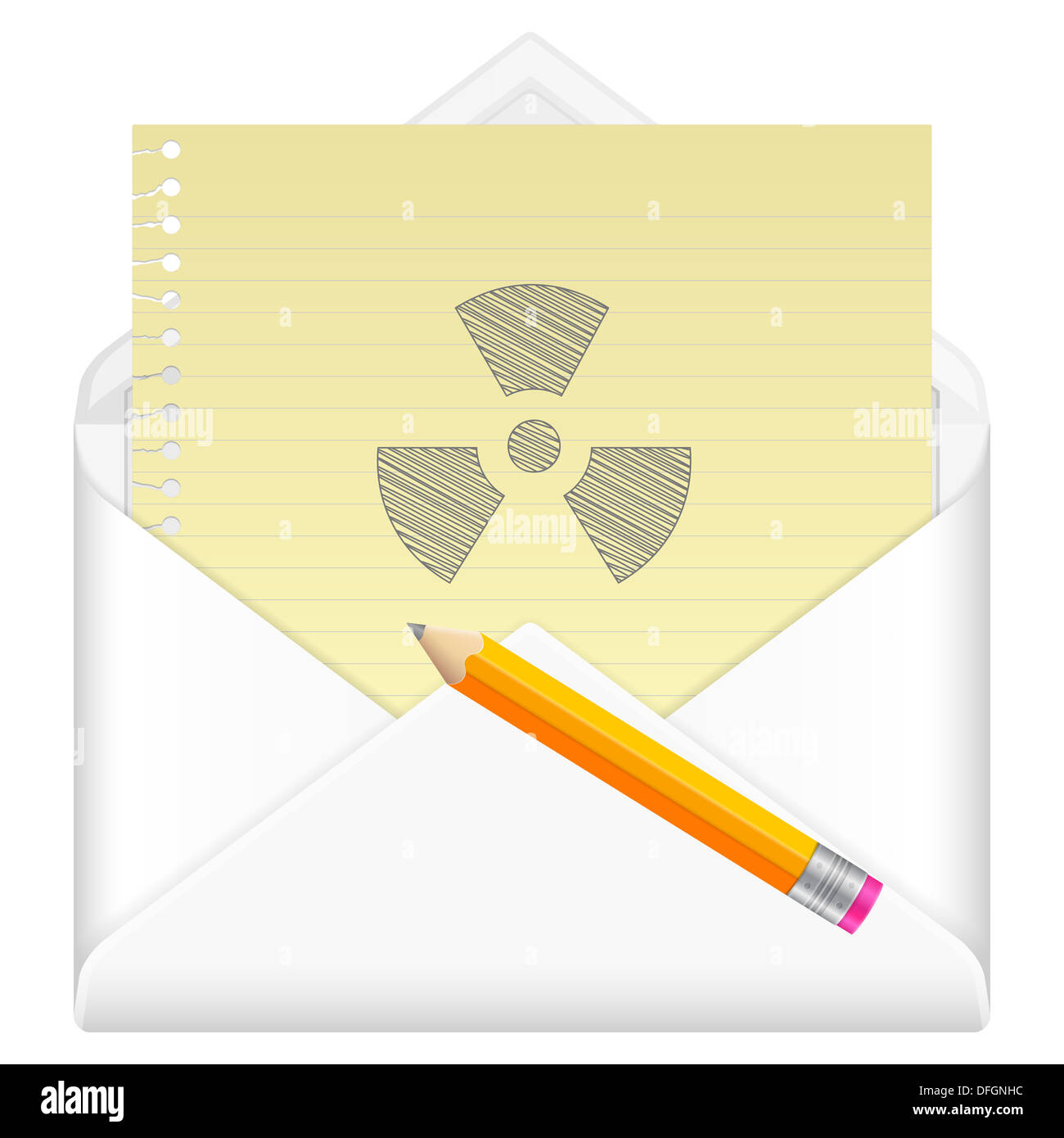 Envelope, notebook sheet, pencil and symbol on a white background. Stock Photo