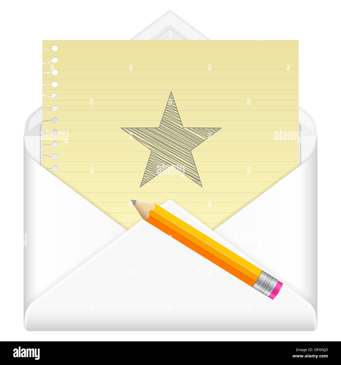 Envelope, notebook sheet, pencil and symbol on a white background Stock ...