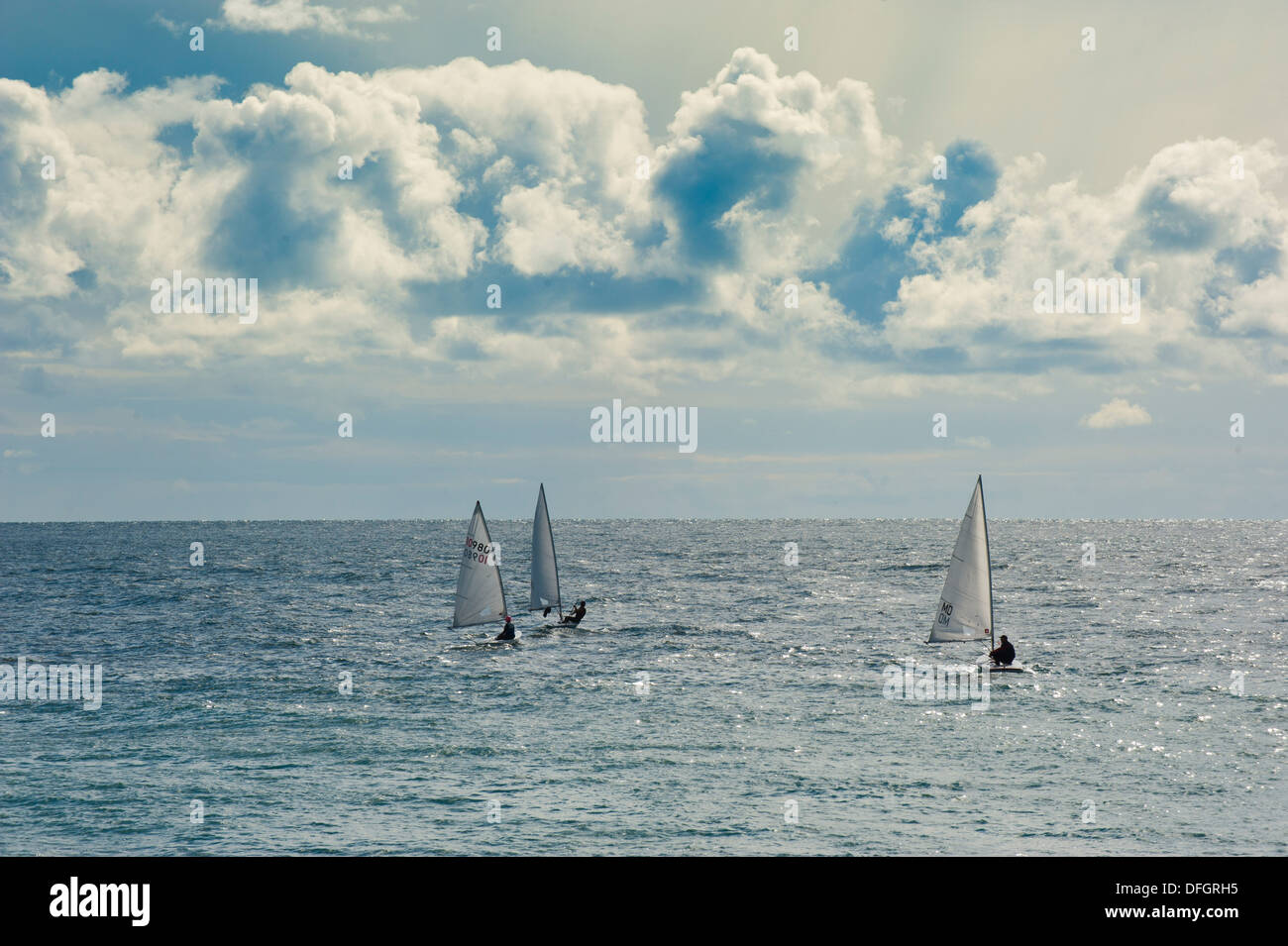 Sailing boats on the sea at Beer Devon England UK Stock Photo