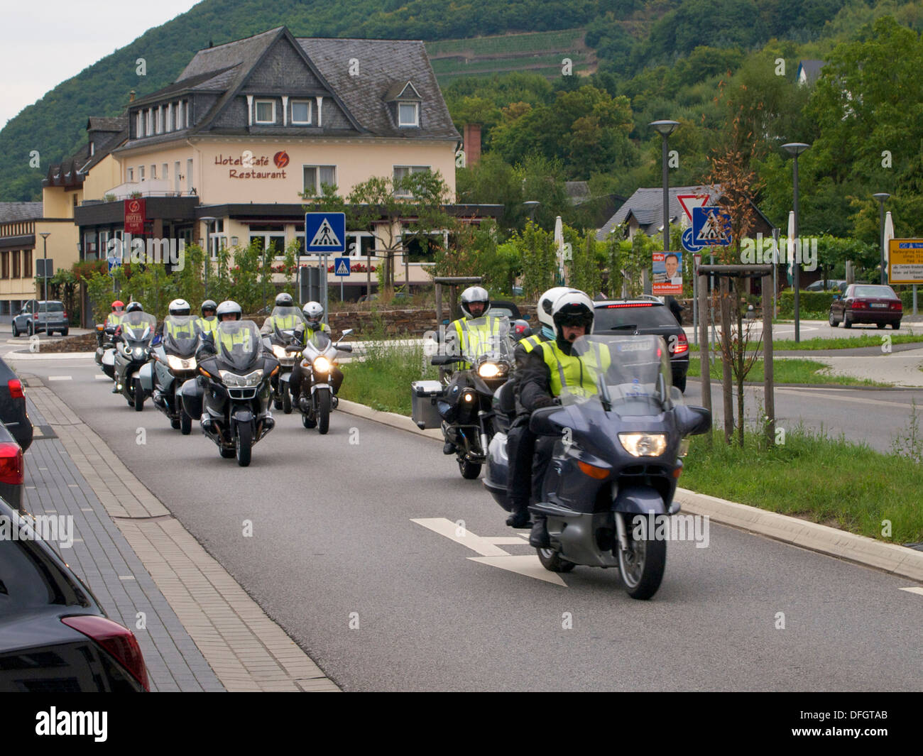 Group of motorcyclists riding in Cochem, the Moselle region in Germany is very popular with motorcyclists. Stock Photo