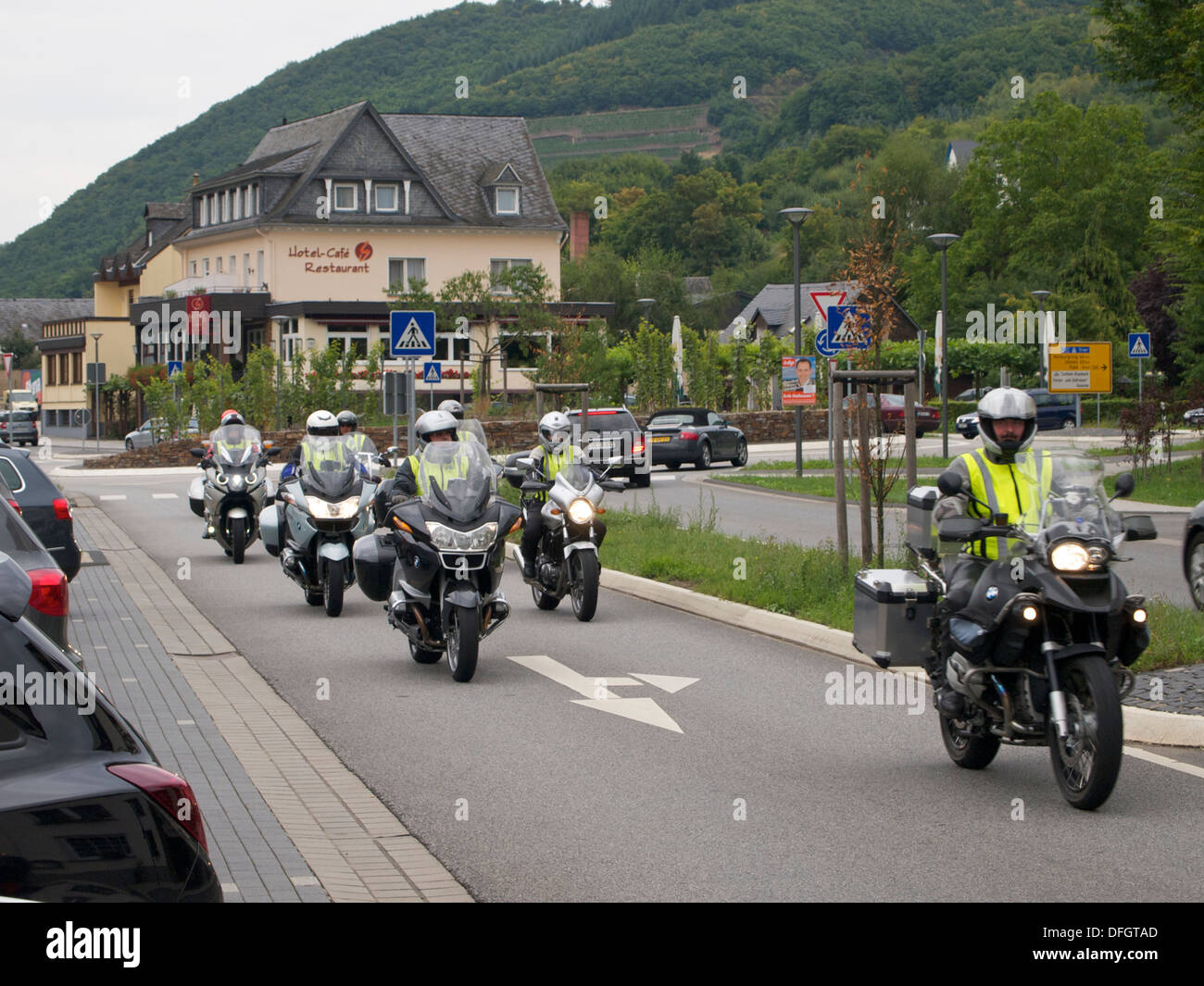 Group of motorcyclists riding in Cochem, the Moselle region in Germany is very popular with motorcyclists. Stock Photo