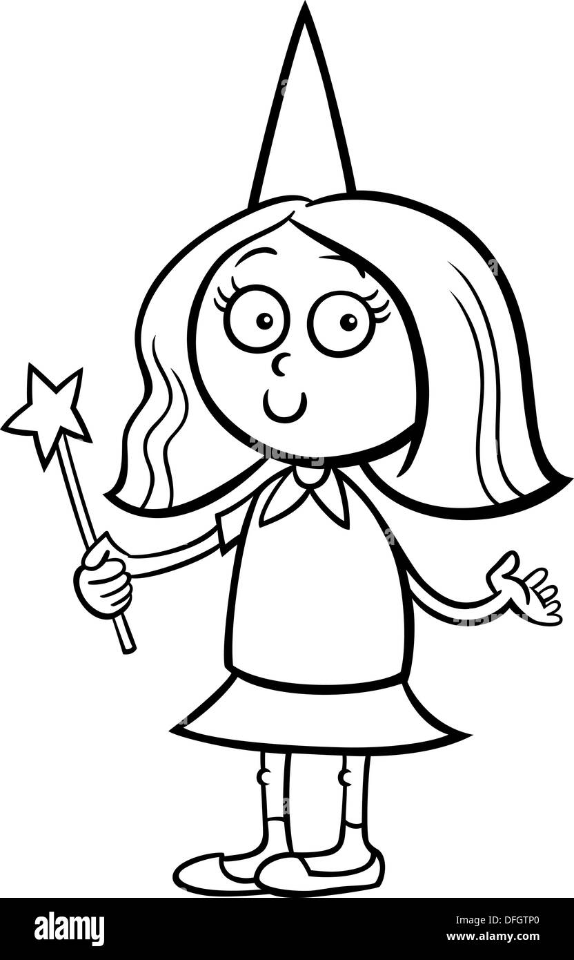 Black and White Cartoon Illustration of Cute Little Girl in Fairy Costume for Fancy Ball for Coloring Book Stock Photo