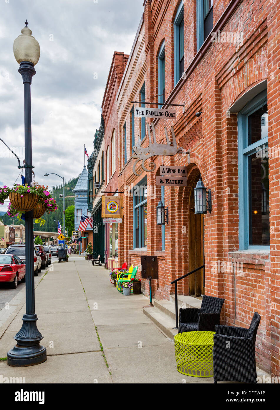 Shops and restaurants on Bank Street (Main Street) in the historic old silver mining town of Wallace, Idaho, USA Stock Photo
